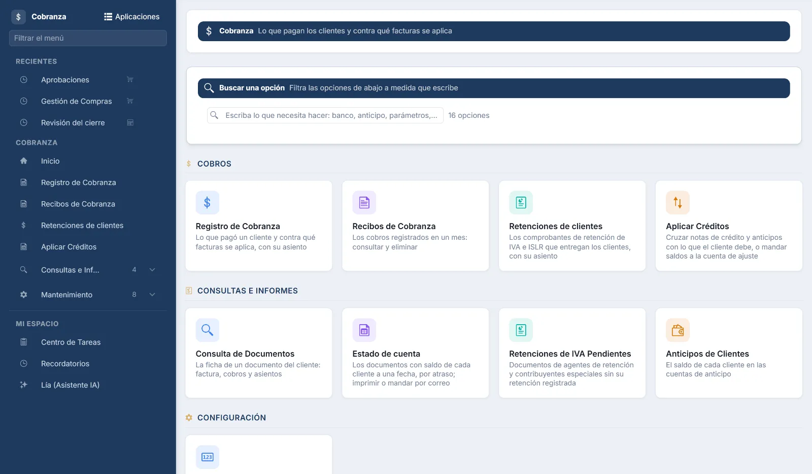 Inicio del módulo de Cobranza en Winledger