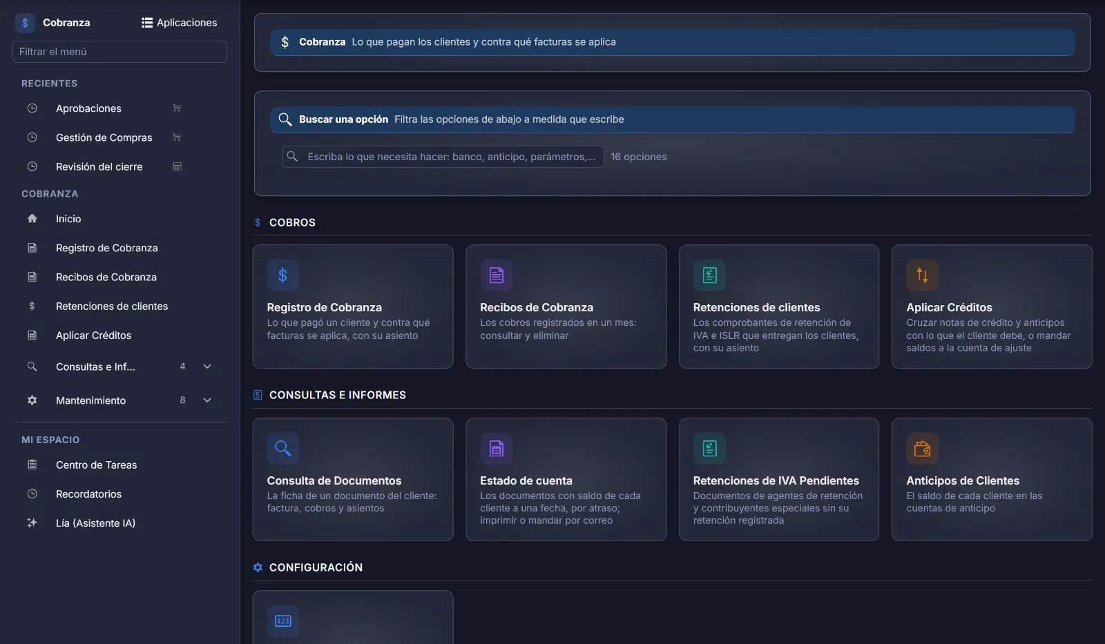Inicio del módulo de Cobranza en Winledger