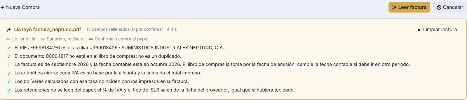 Lía après la lecture d'une facture : 15 champs remplis, le RIF confirmé, aucun doublon et les calculs vérifiés